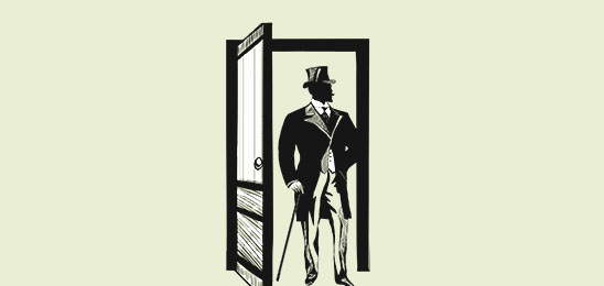 Victorian dressed man standing in doorway