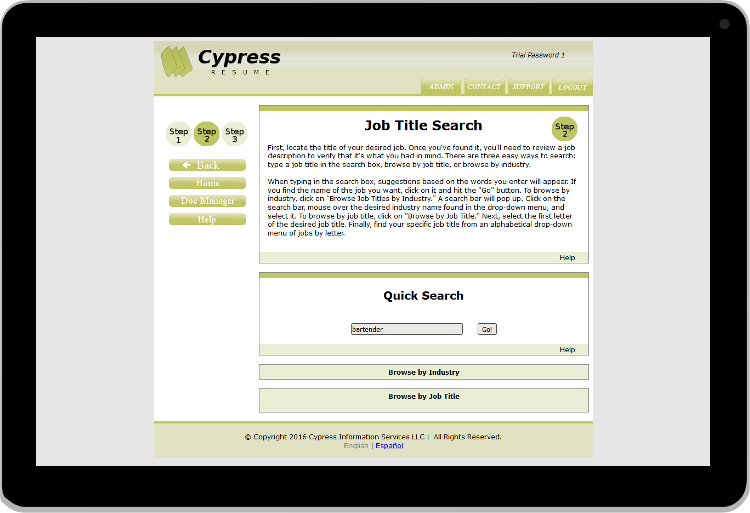 Website interface showing job selection area