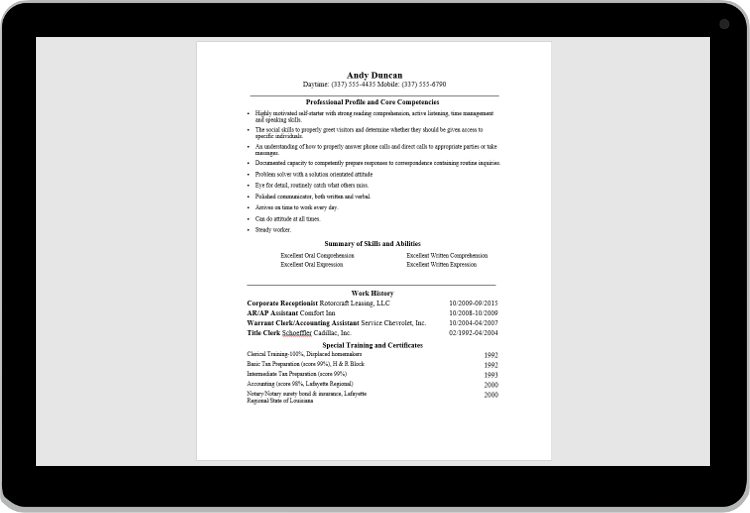 Attractive completed resume document